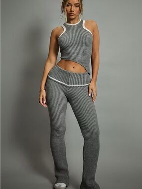EGO Gray Ribbed Flare Pants & Tank Set with White Trim